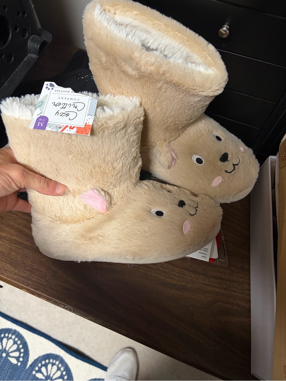 Kids Plush Tan Animal Boot Slippers with Embroidered Face - Cozy Indoor Slippers